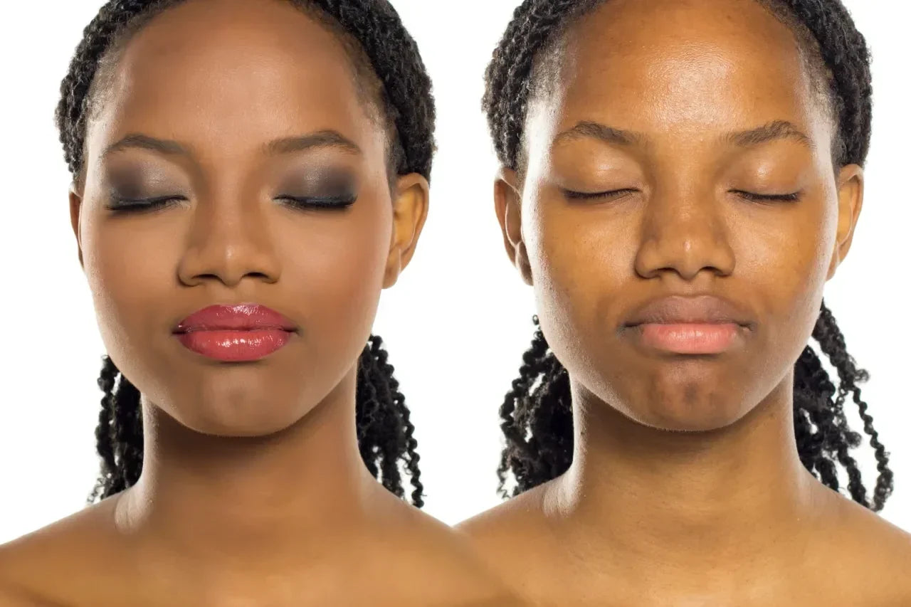 Two photo of the same brown skin model, one with makeup on and one without