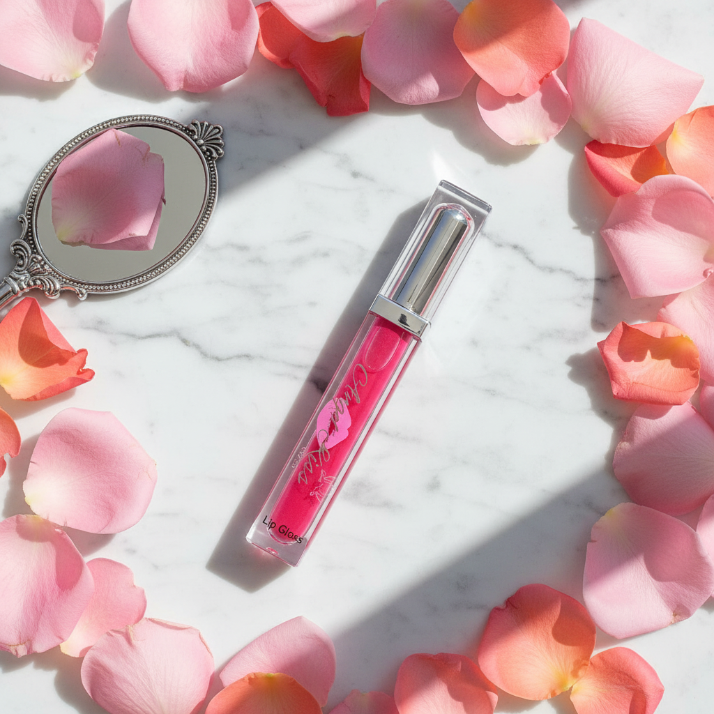 Fassy No-Plumper Lip Gloss lifestyle flat lay on white marble with pink roses