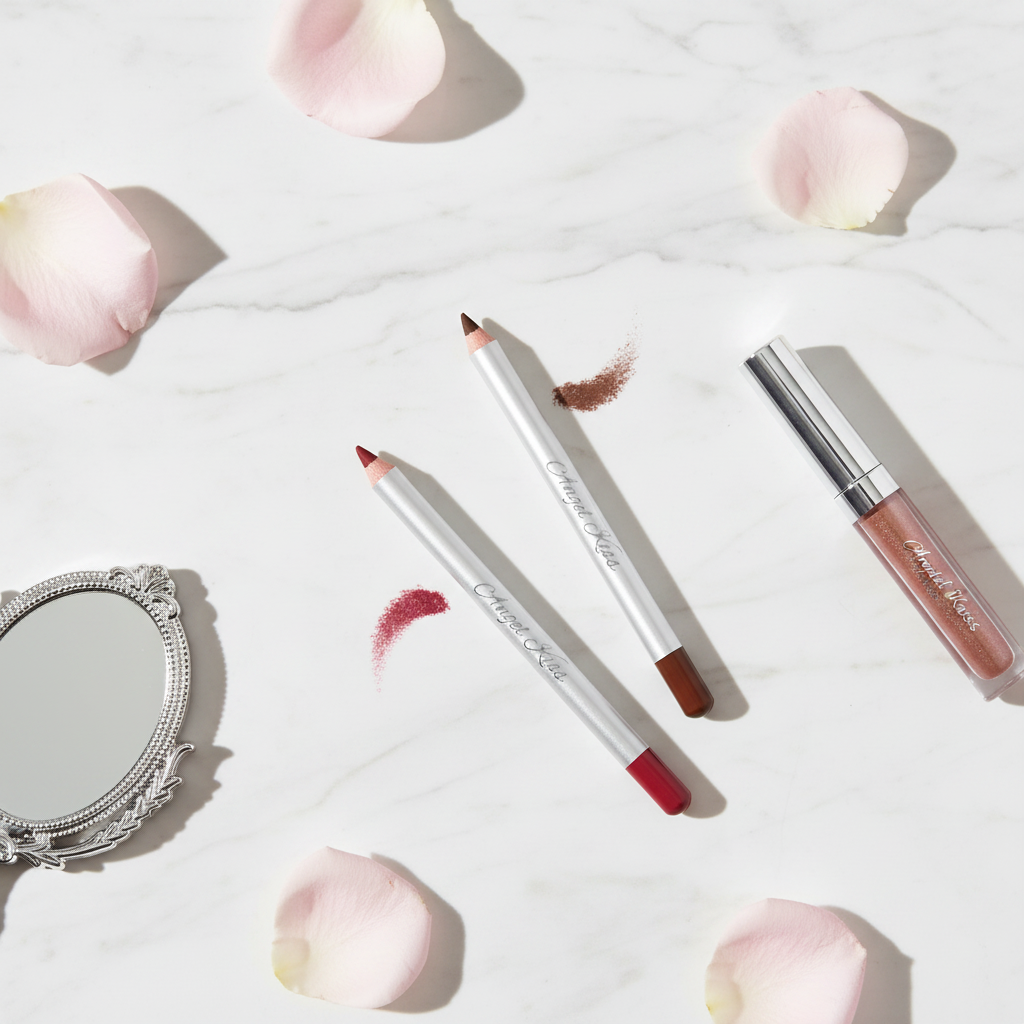 Angel Kiss Lip Liner lifestyle flat lay on marble with rose petals