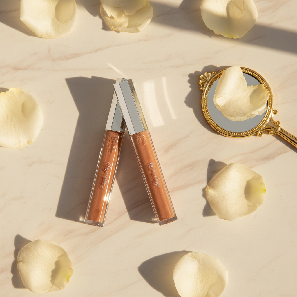 Natural Kisses Kiss Me Lip Gloss lifestyle flat lay on cream marble with ivory roses