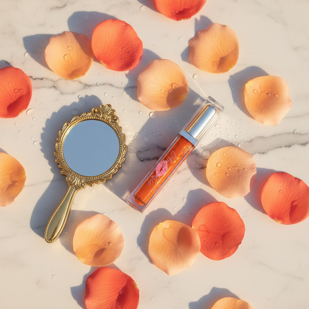 Spicy Girl No-Plumper Lip Gloss lifestyle flat lay on white marble with orange petals