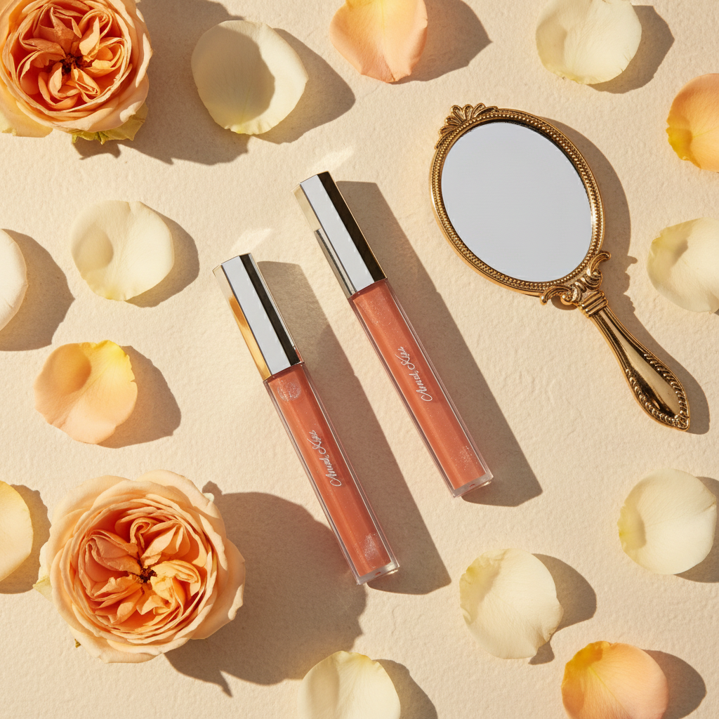 Peach Kisses Kiss Me Lip Gloss lifestyle flat lay with peach roses