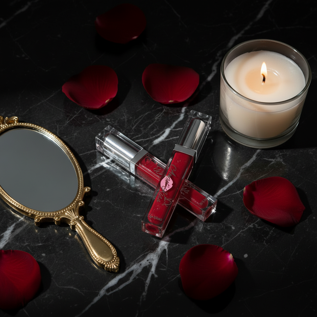 Fassy Lip Gloss Plumper lifestyle flat lay on black marble with rose petals
