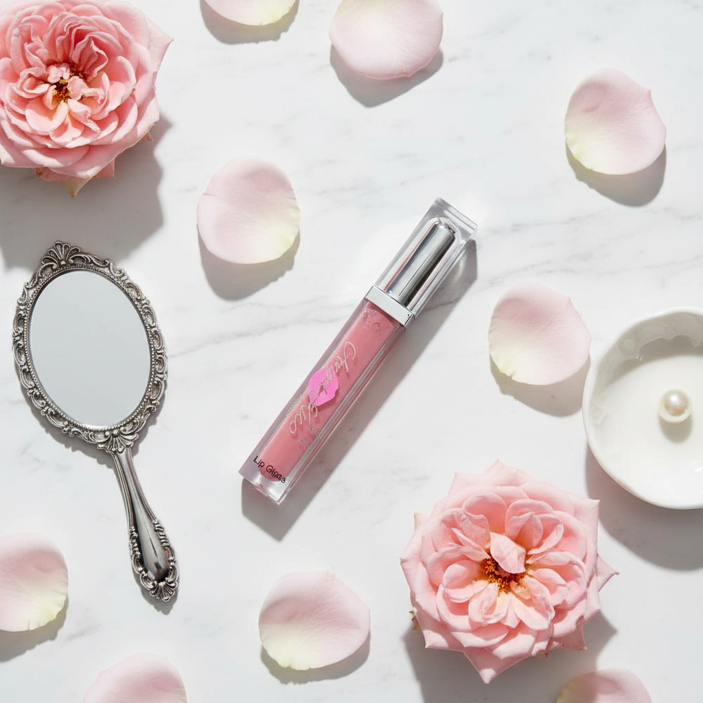 Sassy No-Plumper Lip Gloss lifestyle flat lay on white marble with pink roses