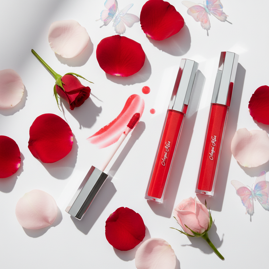 Butterfly Kisses Kiss Me Lip Gloss lifestyle flat lay with rose petals and butterflies