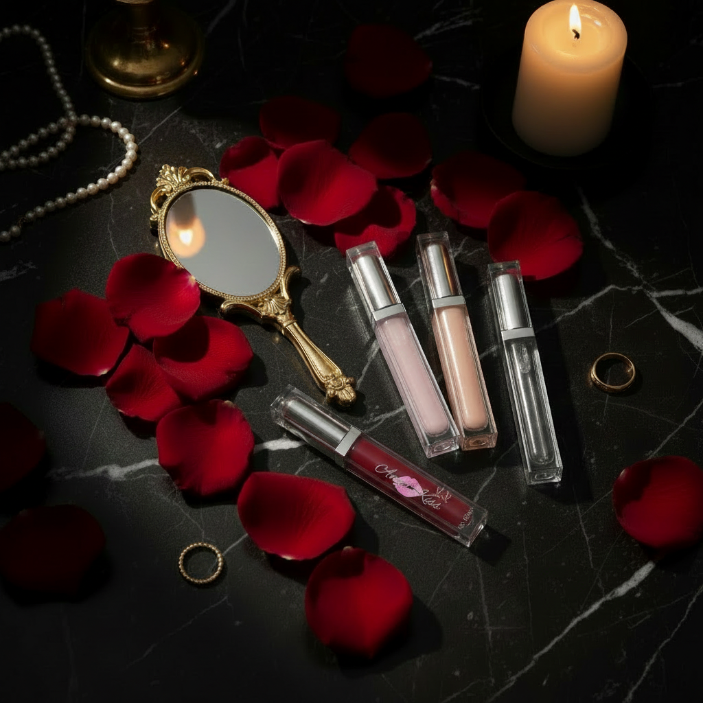 Angel Kiss Lip Gloss Plumper collection lifestyle flat lay on black marble