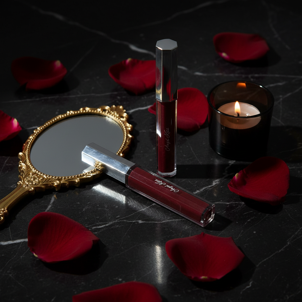 Night Kisses Kiss Me Lip Gloss lifestyle flat lay on black marble