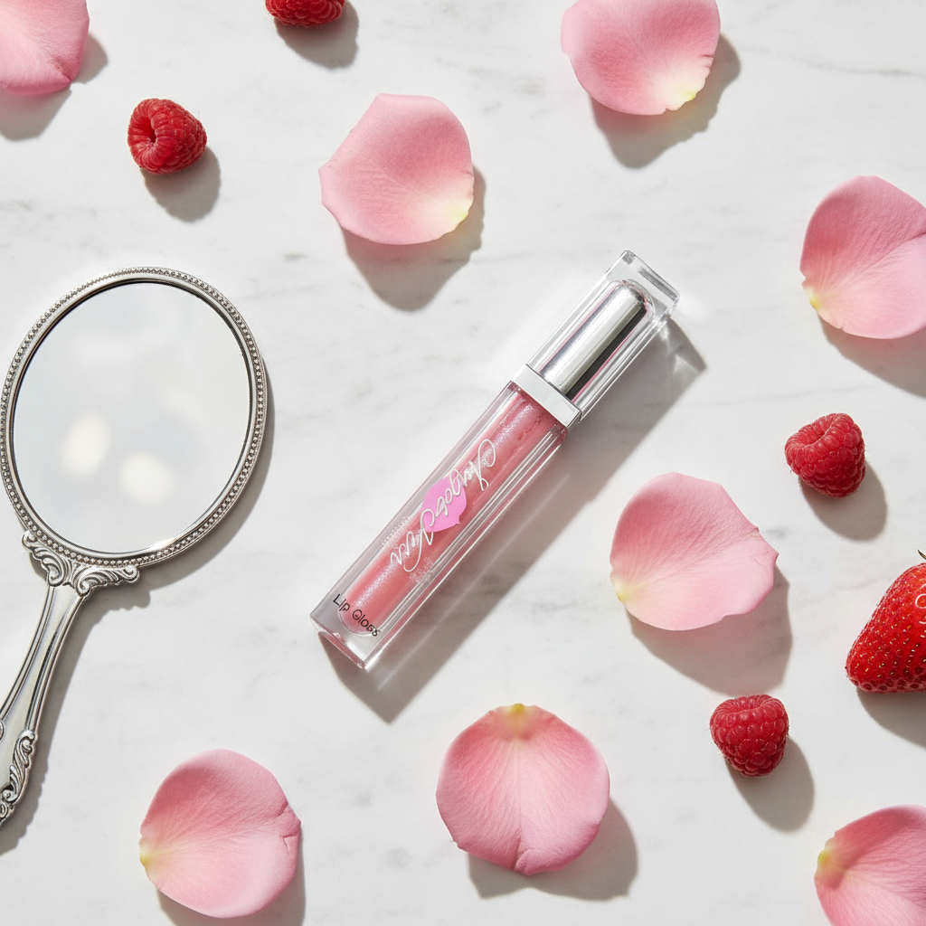 Berry Kisses No-Plumper Lip Gloss lifestyle flat lay on white marble